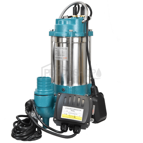 Schéma zapojenia: Ponorné kalové čerpadlo WQV 7-8-0,75 s krytom, hriadeľom, rotorom a rezacím nožom z nerezovej ocele AISI 304. Kalová hadica 2